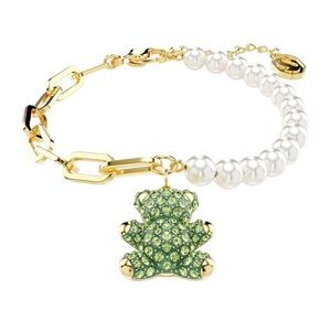 Swarovski NWT Teddy bracelet, Crystal pearl, Bear, Green, Gold-tone plated